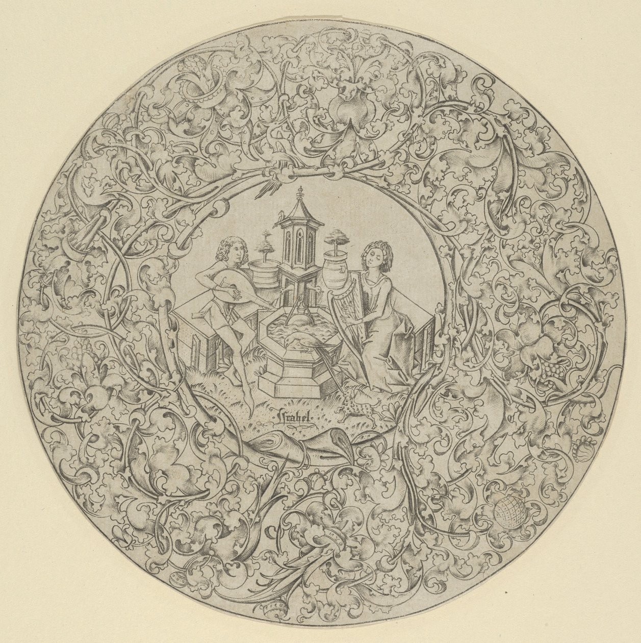 Garden of Love, Within Large Ornamented Circular Frame by Israhel van Meckenem