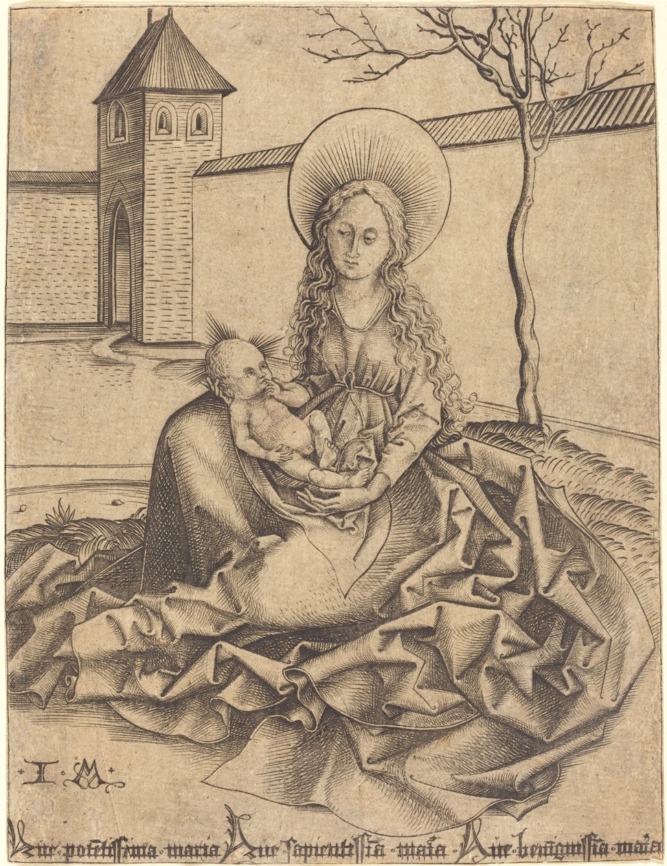Virgin and Child in a Courtyard by Israhel van Meckenem after Martin Schongauer