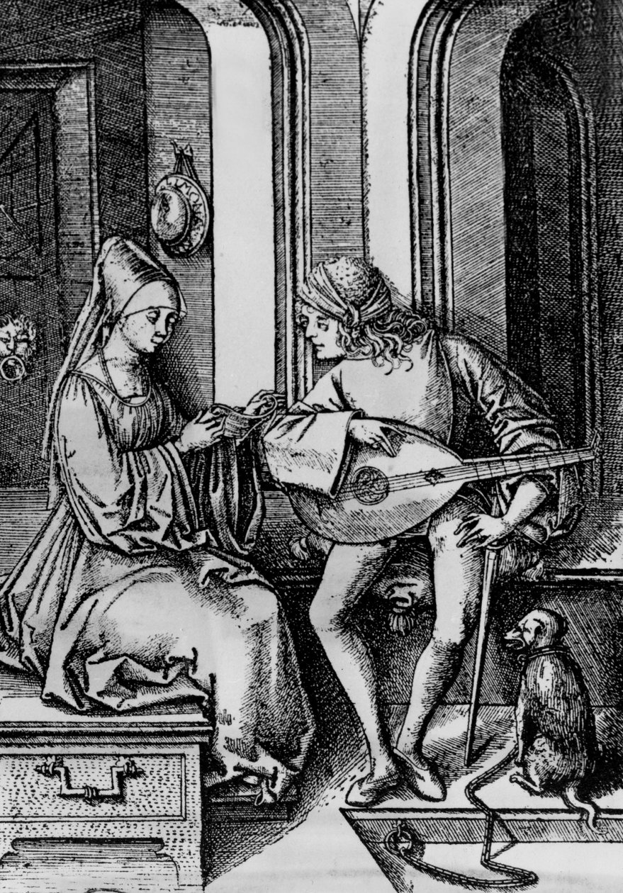 A Woman Singing While a Man is Playing a Lute (engraving) by Israhel van the younger Meckenem