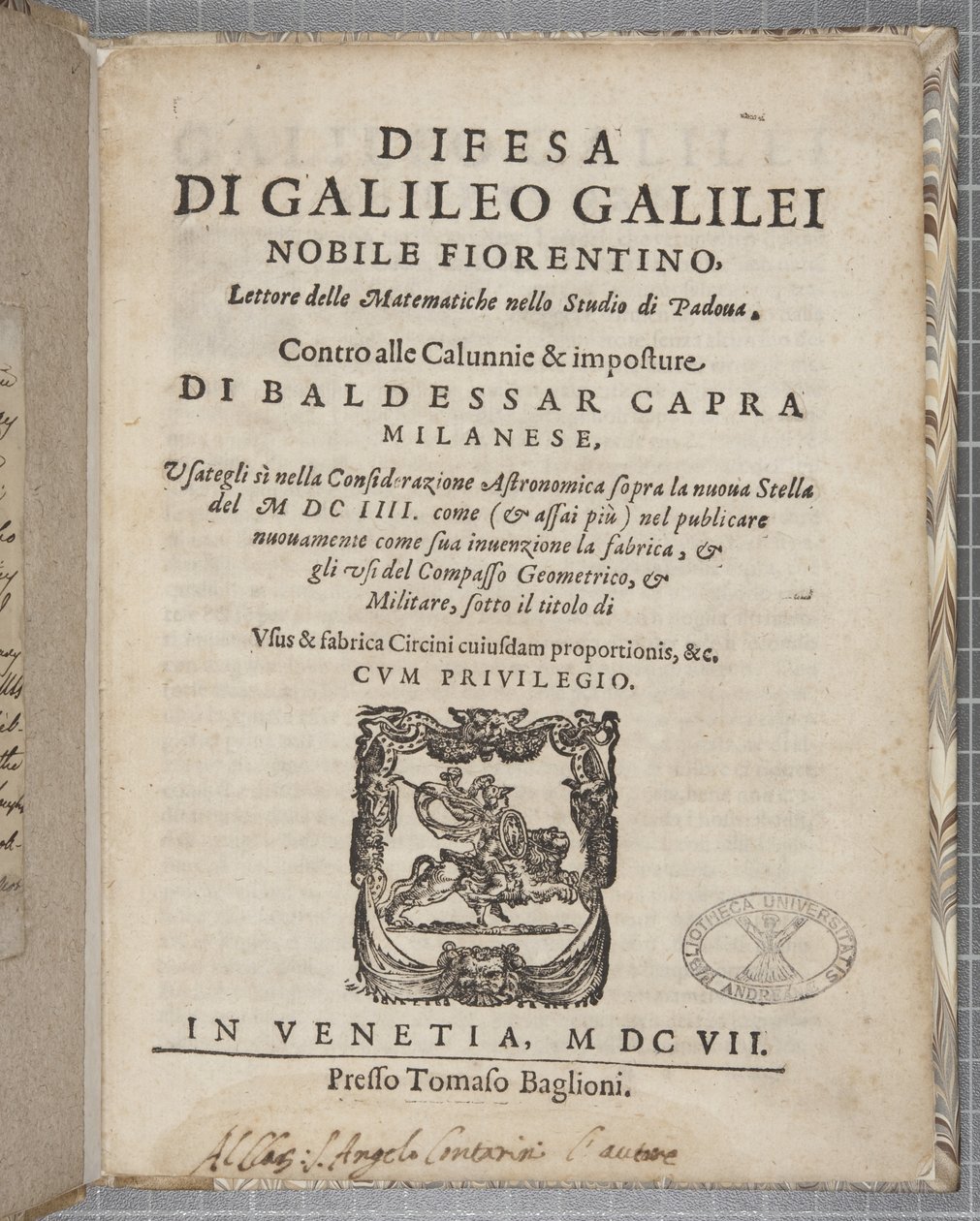 Title Page of Difesa, by Galileo, 1607 by Italian School