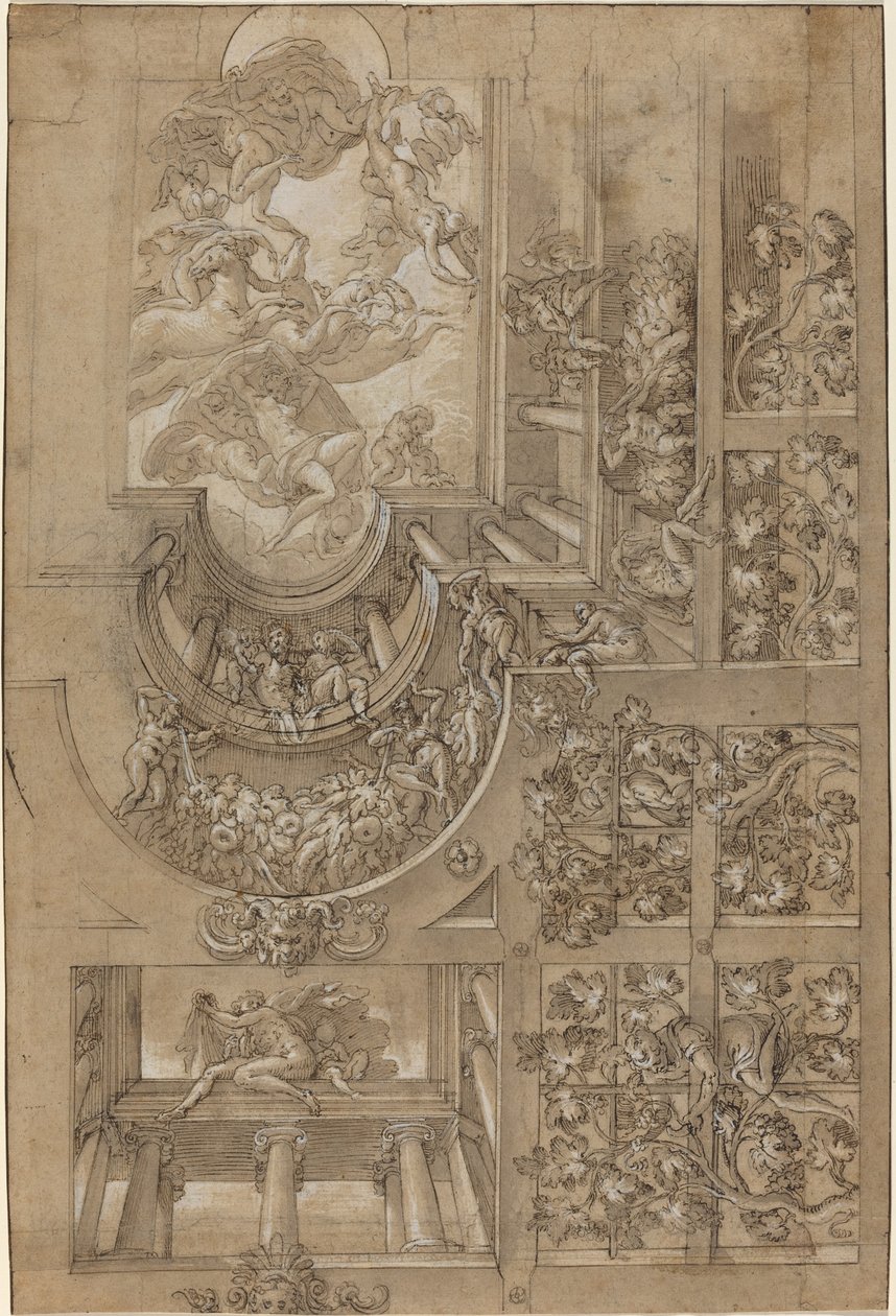 Illusionistic Ceiling with a Grape Arbor, Figures Poised on Galleries, and a Central Scene of Olympian Gods by Italian 16th Century