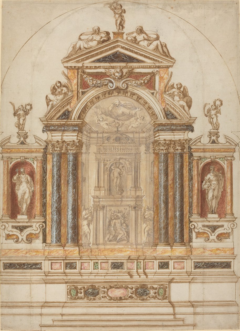 An Elaborate Altar of Colored Marble Ornamented with Sculptures by Italian 17th Century