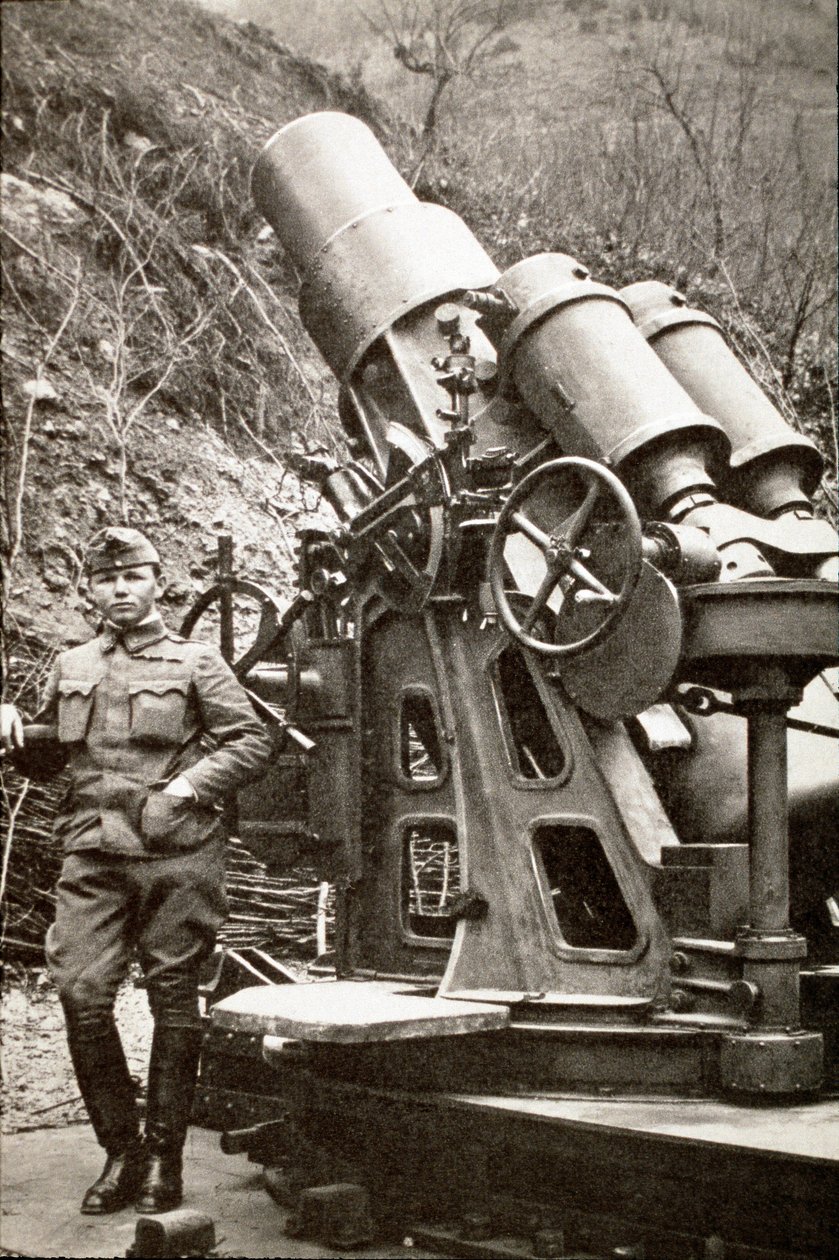 First World War: Italian Army Soldier Laying Near a Mortar, 1917, Italy by Italian Photographer