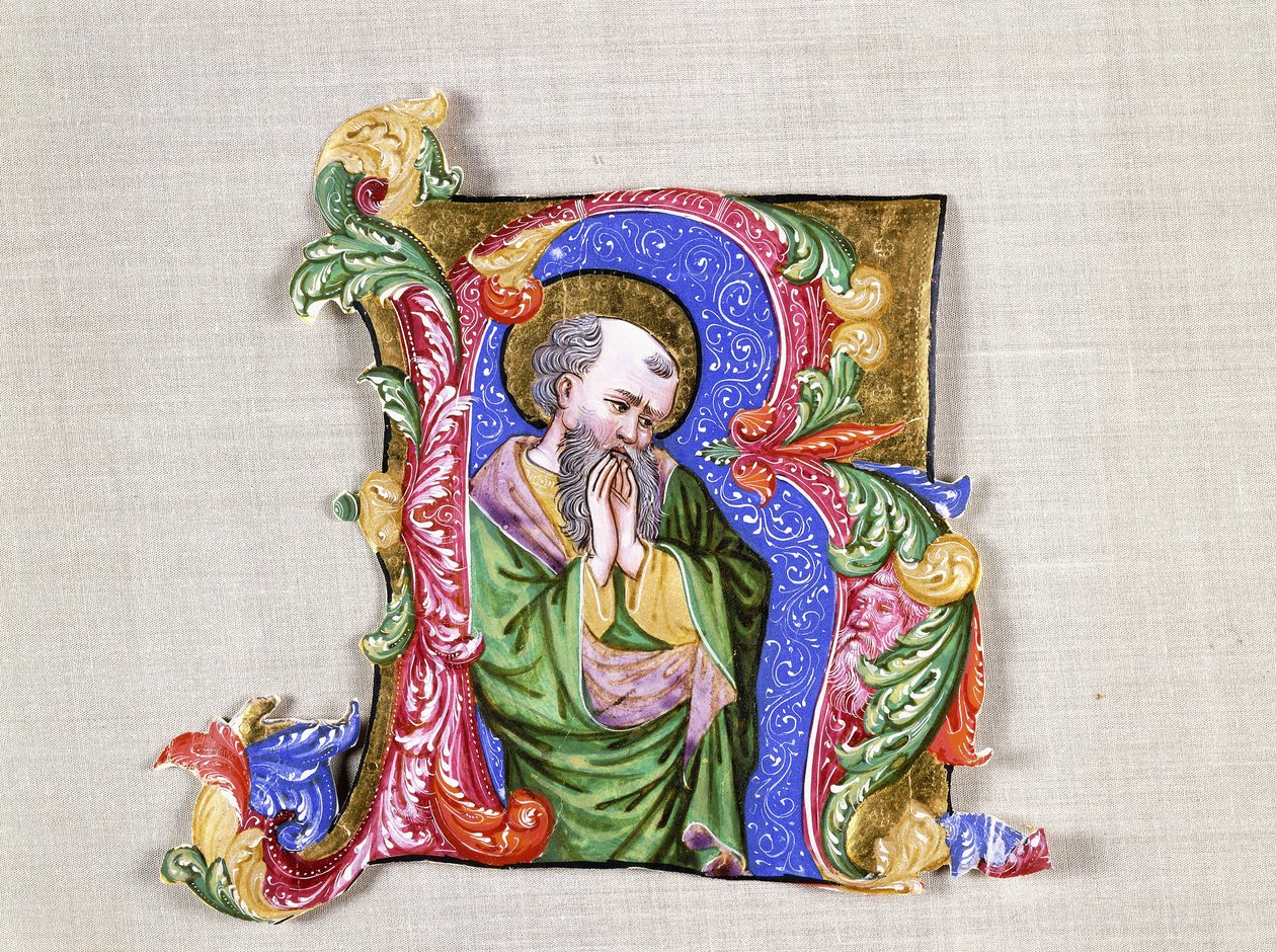 A Praying Saint, a large historiated initial R, c.1400 by Italian School