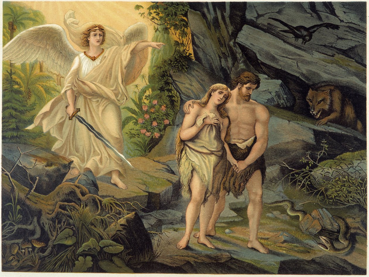 Adam and Eve chased out of earthly Paradise (Eden) by the Archangel - in Aurea Bibbia Classica: Storia della Rivelazione Divina nell