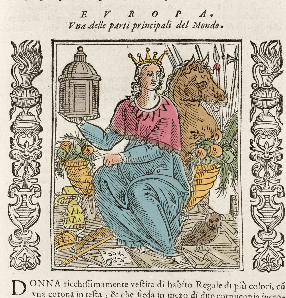 Allegory of Europe in the form of a richly clothed woman, crowned, surrounded by horns of abundance. Plate taken from 