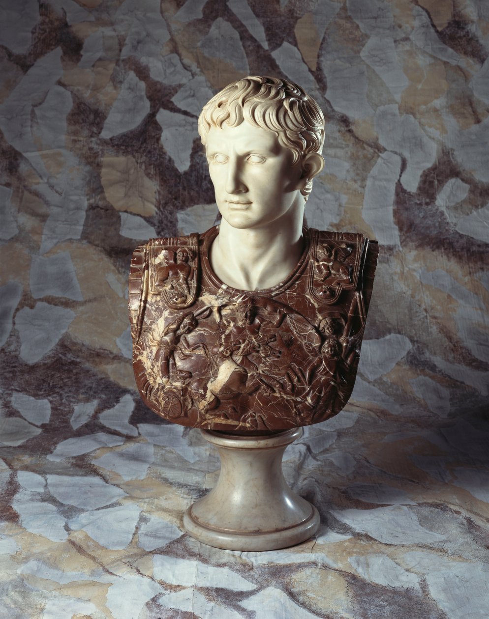 An Italian Sculpted Statuary and Breccia Marble Bust of Caesar Augustus, After the Antique by Italian School