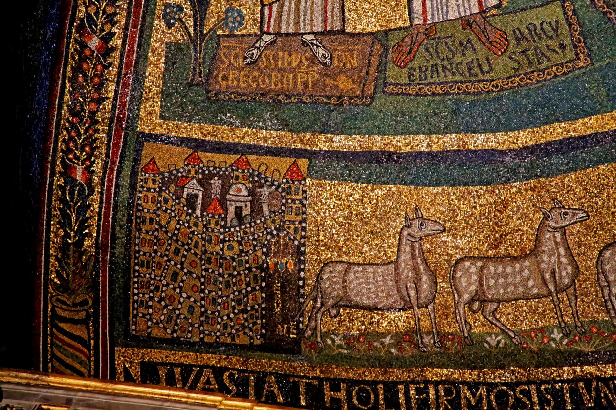 Apse detail, Jerusalem and sheep by Italian School