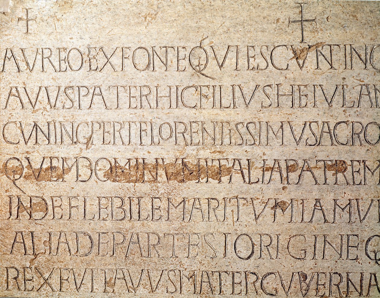 Archaeology of the Middle Ages: Barbarian Art of Lombardy: Tombstone of King Cunipert. 678-700. Pavia, Civic Museum, Archaeological Section by Italian School