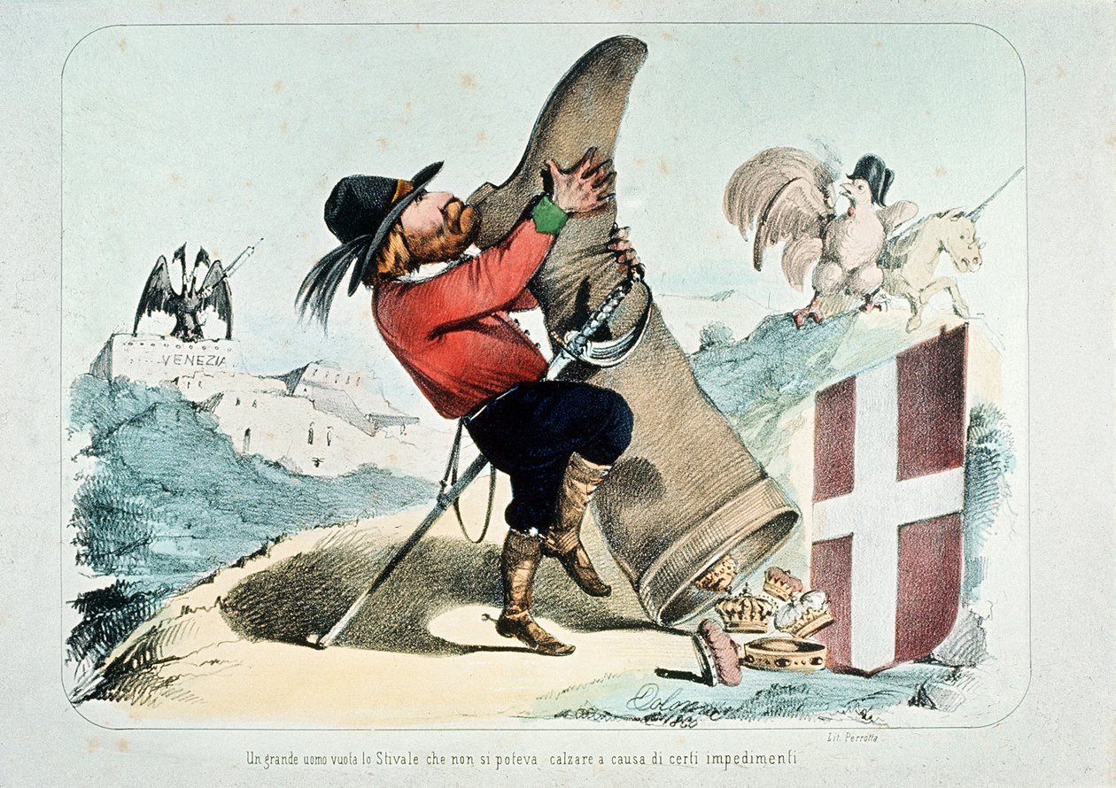 Caricature of Giuseppe Garibaldi Emptying a Boot Full of Crowns, by Litografia Perrotta by Italian School