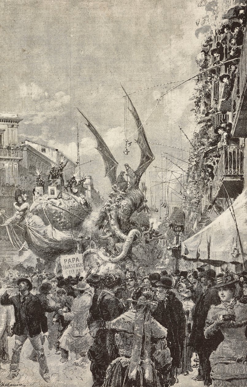 Carts parading during last day of Carnival, Naples, Italy, engraving from drawing by Matania, from L