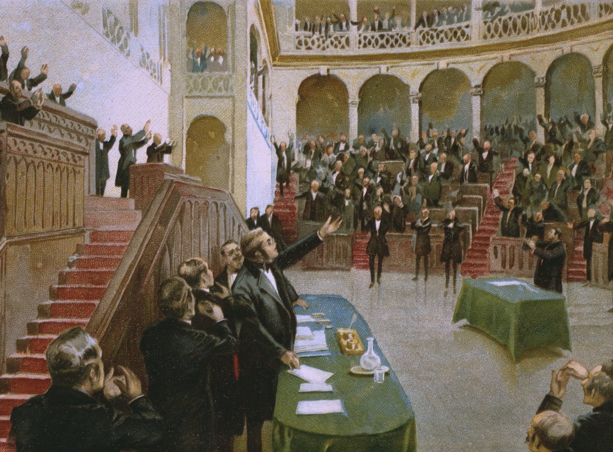 Cavour makes the first Italian national parliament applaud King Victor Emmanuel II on the 18th February 1861 by Italian School