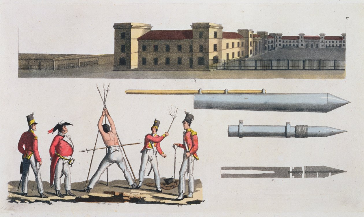 Chatham Barracks, a Military Punishment called the Triangle and Congreve Rockets, plate 17 from The History of the Nations by Italian School