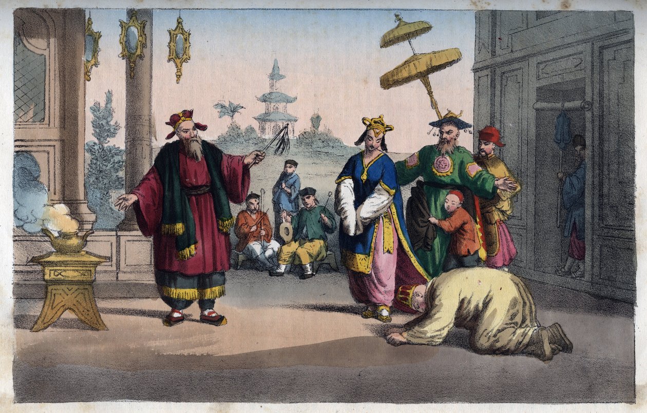 China - A theatrical performance in the open air - engraving from 
