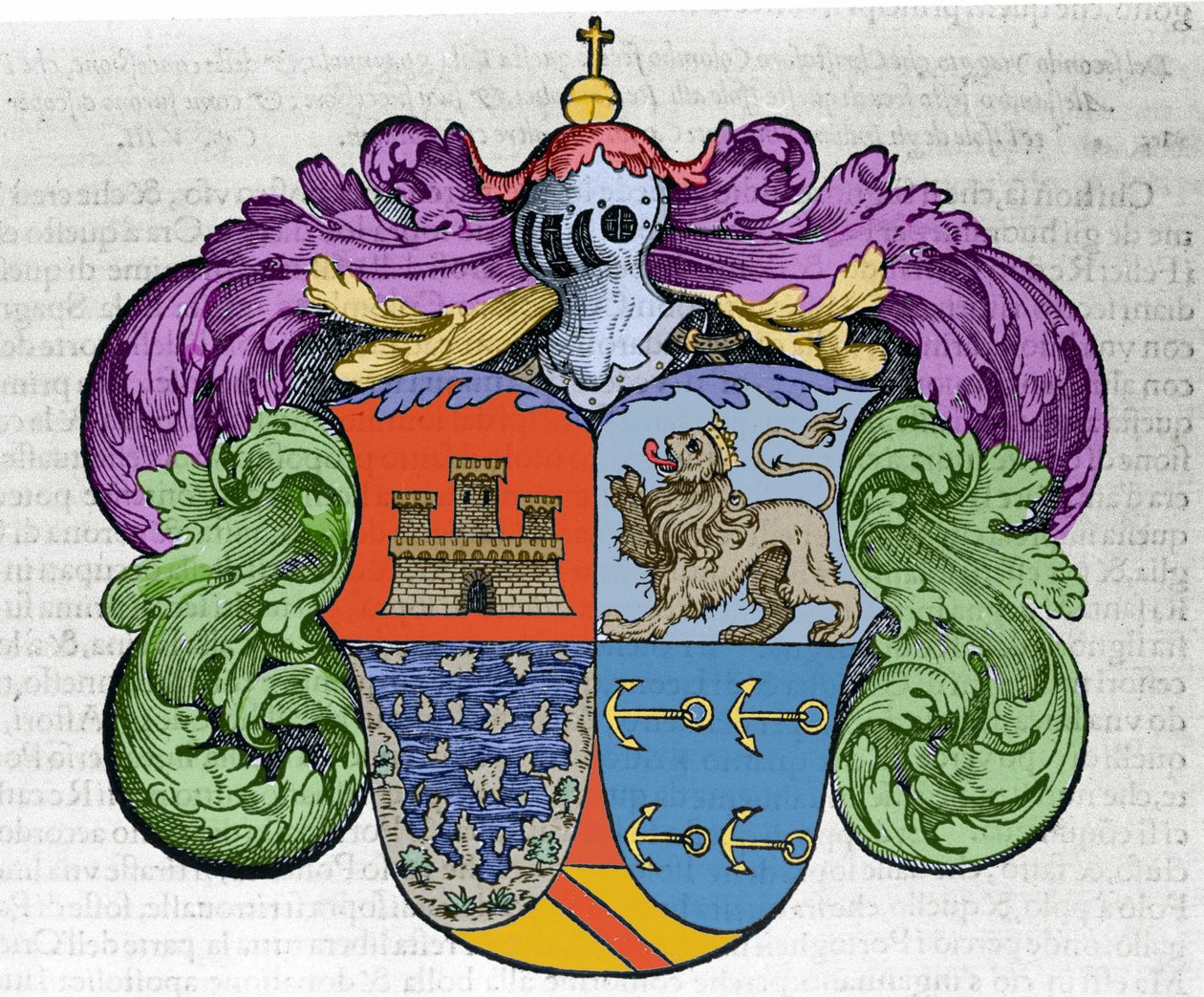 Coat of Arms of Navigator Christopher Columbus: Engraving from the Book Navigationi and Viaggi by Italian School