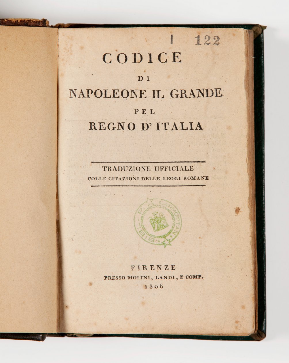 Code of Napoleon the Great for the Kingdom of Italy, open at the titlepage, published Firenze, Molini, Landi et Cie, 1806 by Italian School