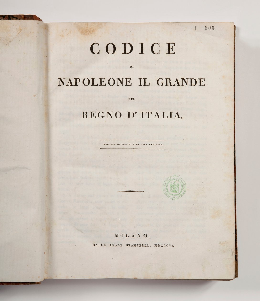 Code of Napoleon the Great for the kingdom of Italy, open at the titlepage, published Milan, dalla reale Stamperia, 1806 by Italian School