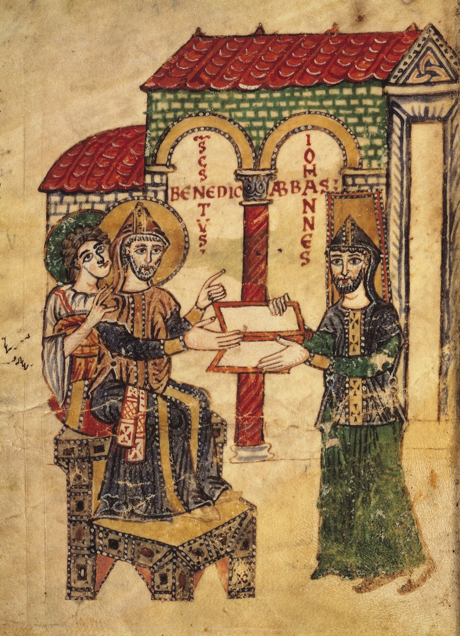 Abbot John Offering the Manuscript to St. Benedict, from the Commentary on the Monastic Rules of St. Benedict, written by Deacon Paul, Italian, 915 by Italian School