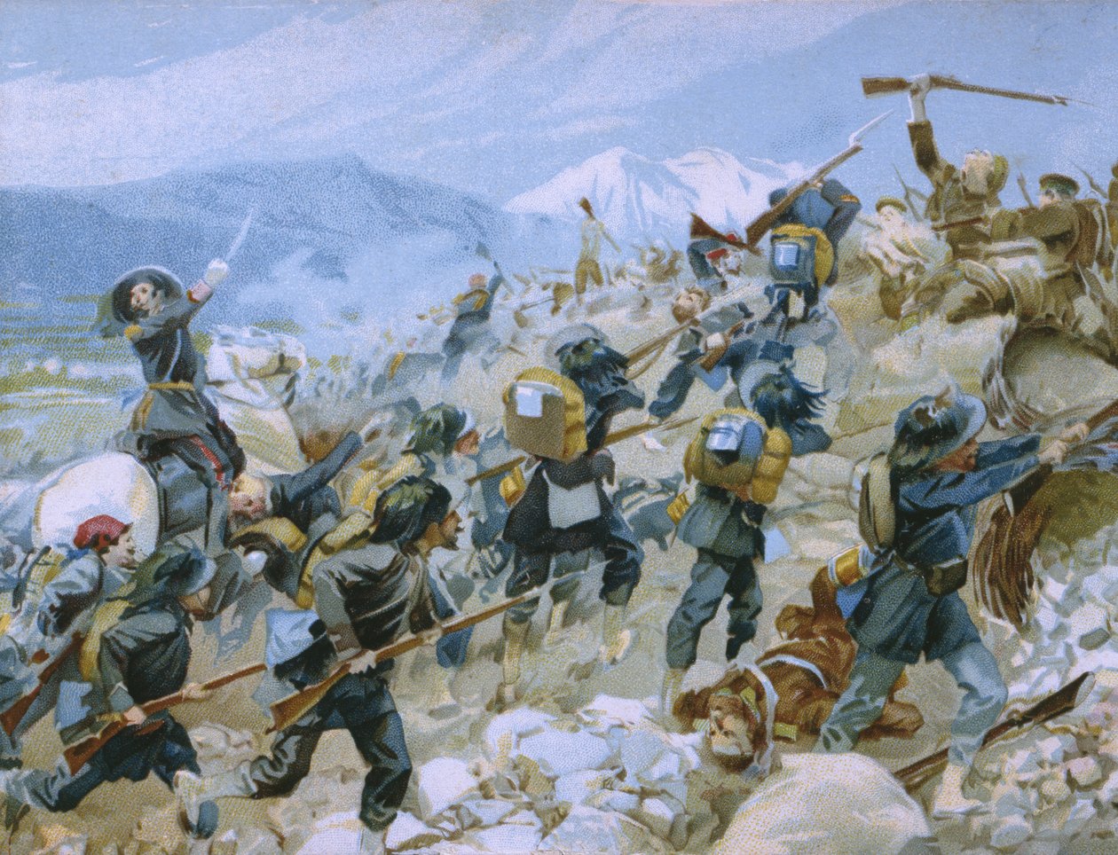 Crimean war and the battle of Chernaya, 16th August 1855, illustration from an album on the history of Risorgimento made for the chocolate Talmone by Italian School