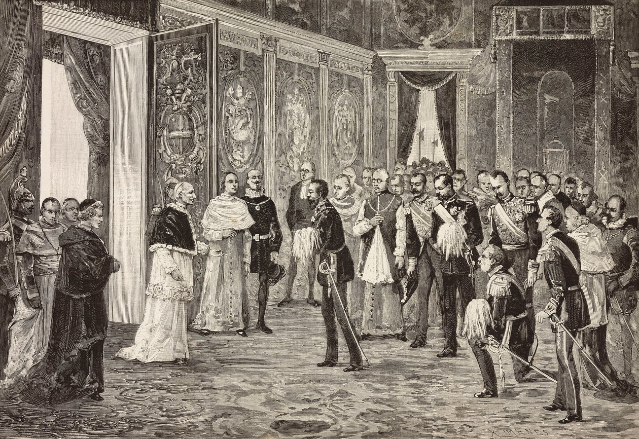Crown prince of Germany (future Frederick III) being received by Pope Leo XIII in Throne room, Vatican, engraving from drawing by Ximenes from sketch by Dal Don by Italian School