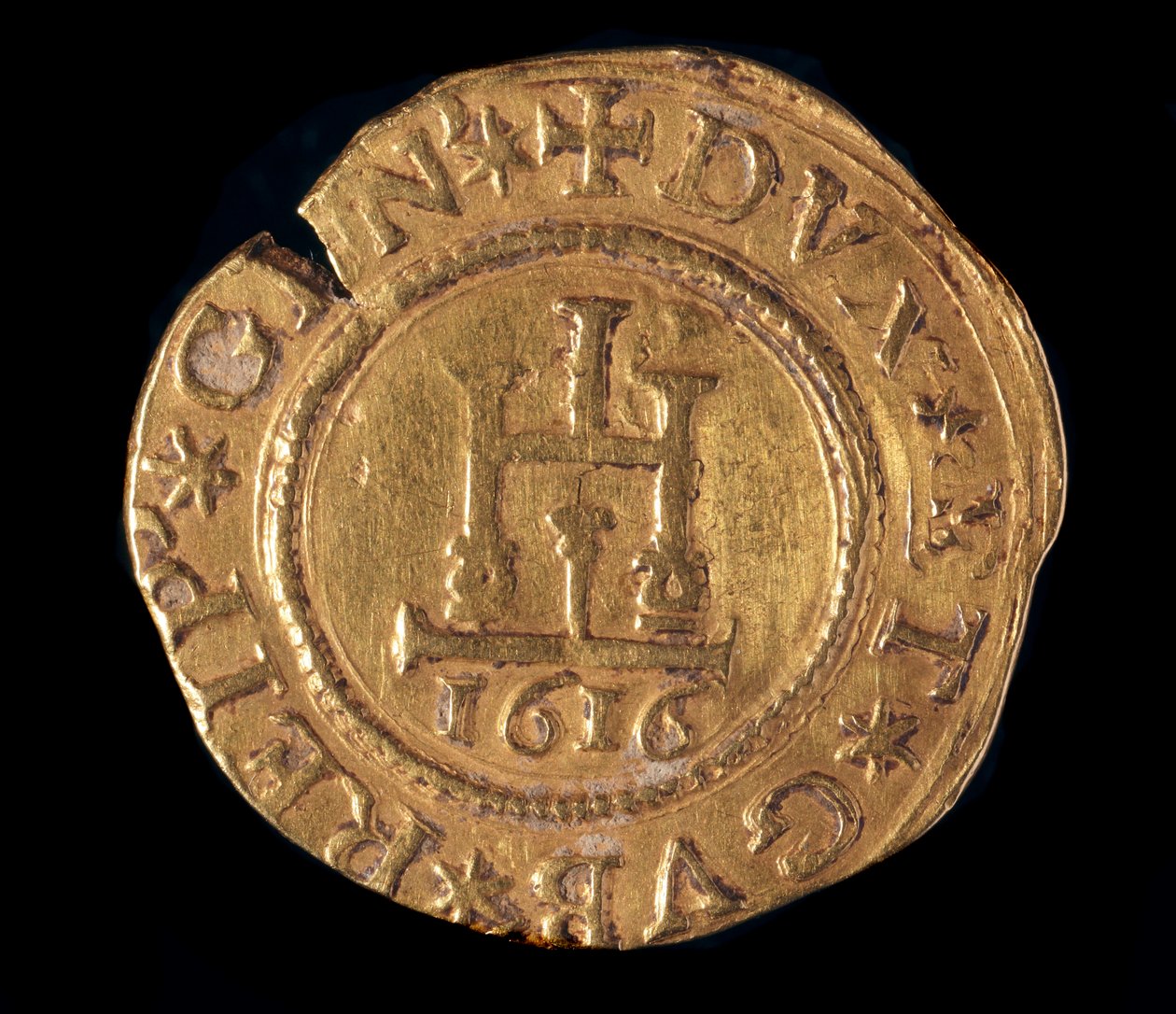 Currency of the Republic of Genoa: a gold quadrupla with a Genoa portal. 1616. (front) by Italian School