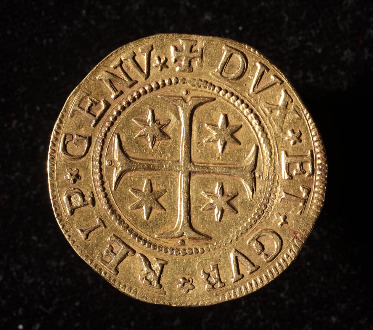 Currency of the Republic of Genoa: five gold doppie coin. 1652. (front) by Italian School