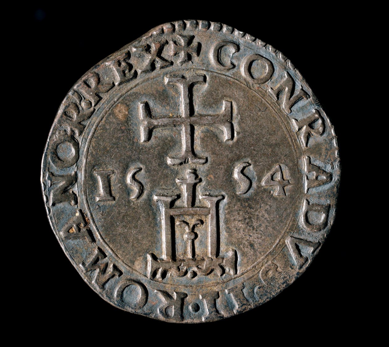 Currency of the Republic of Genes: silver teston (or testone) of the Benediction. Front representing the Genoa portal under a cross. 1554 Genes, Musei di Strada Nuova by Italian School