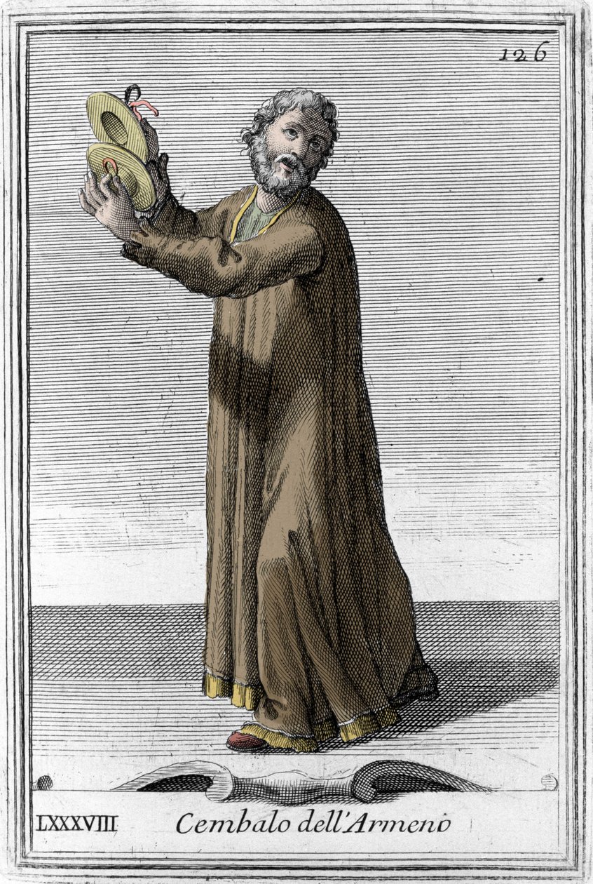 Cymbals of Armenian musical instrument with percussion. Engraving from “Gabinetto Armonico pieno d