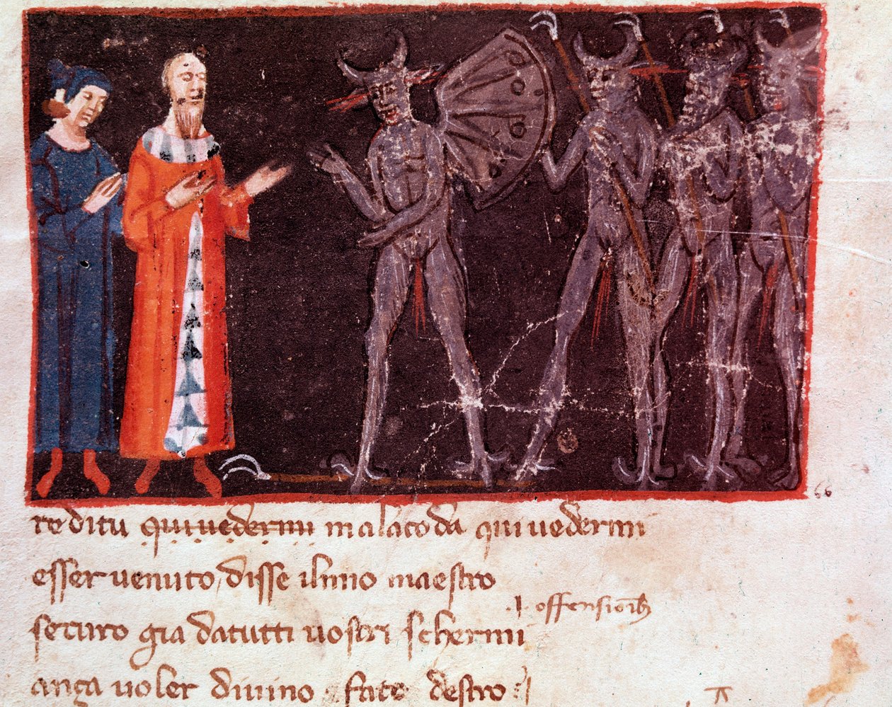 Dante and Virgil speak with Malacoda, leader of the Malebranche squadrons (song 21 from Hell, in the Divine Comedy) (miniature) by Italian School