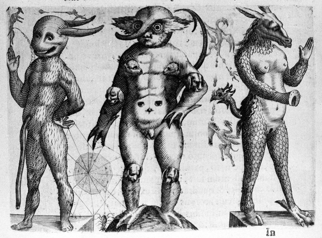 Different types of human monsters with half human, half animal bodies. Engraving from 