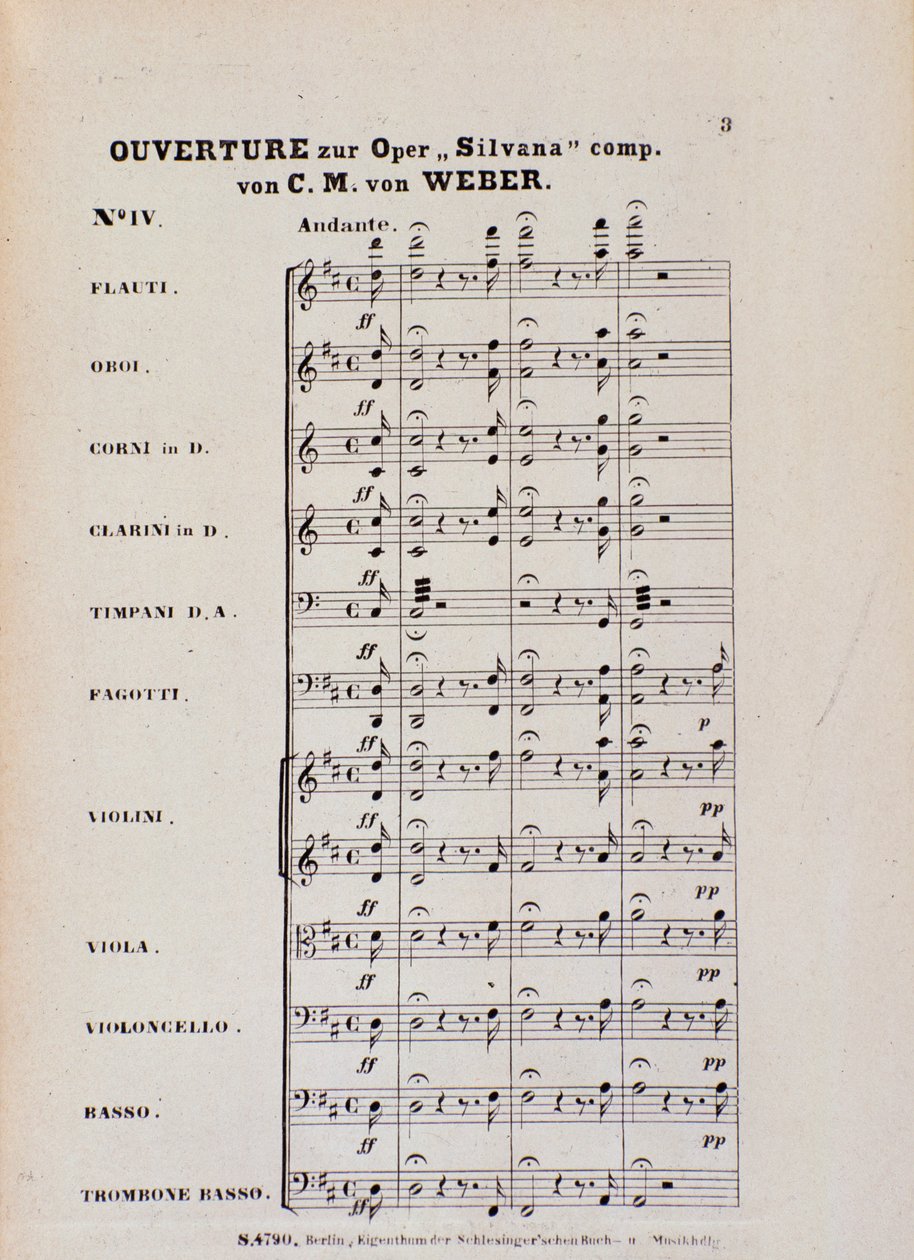 First Page of the Overture for the opera 'Silvana' by Karl Maria von Weber
