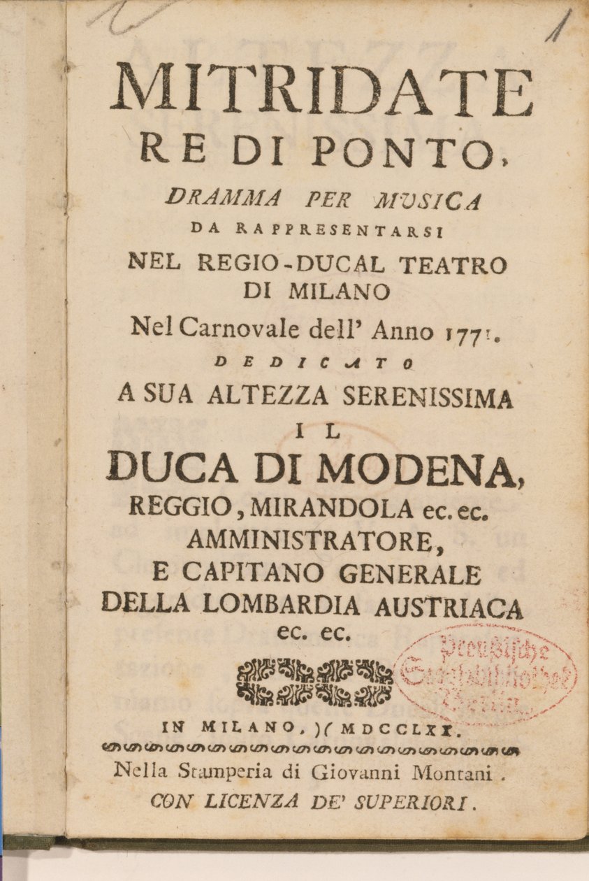 Frontispiece from an Early Copy of Mitridate, re di Ponte, an Opera by Wolfgang Amadeus Mozart, 1770 by Italian School