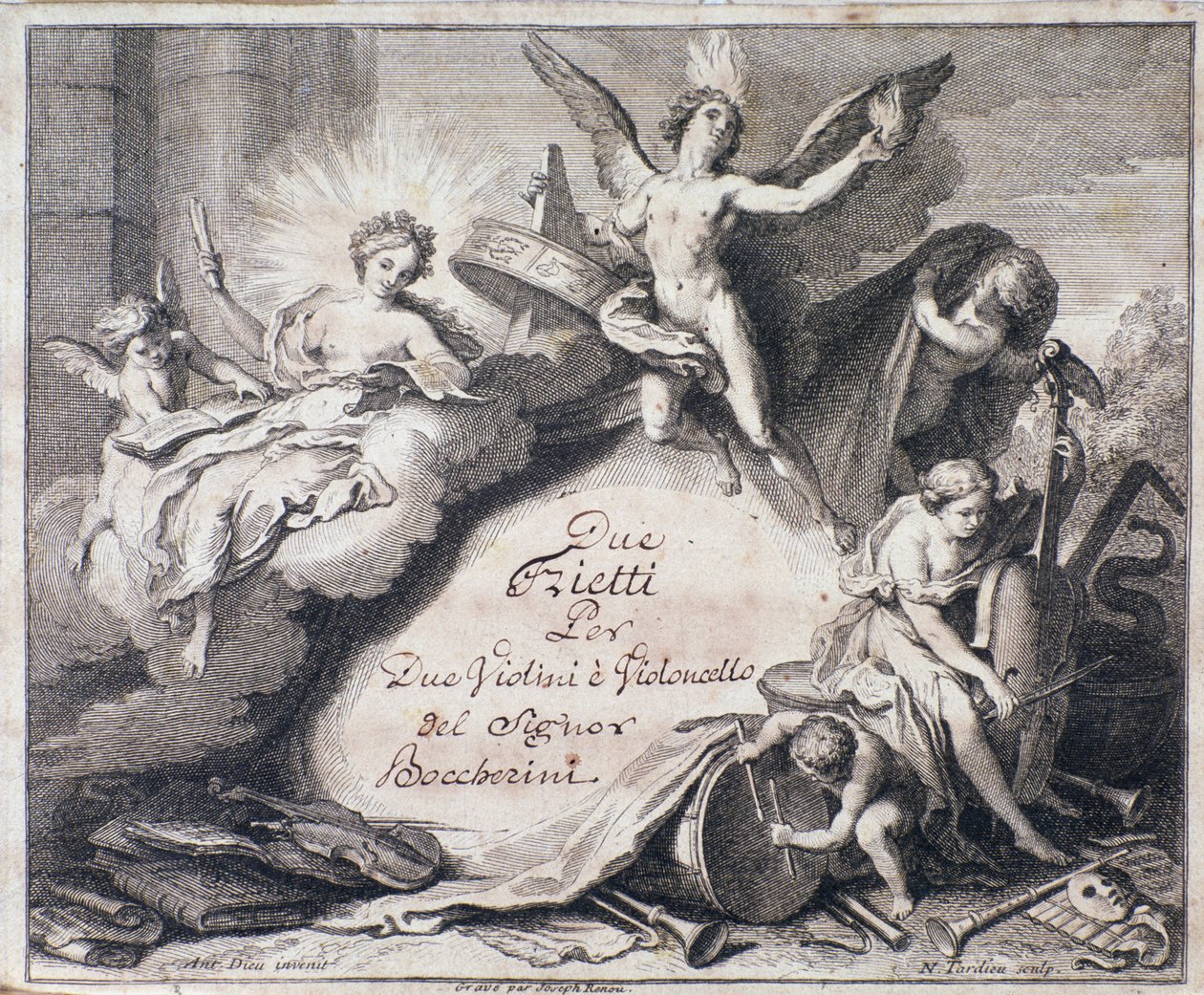 Frontispiece of musical score of Due trietti per due violini e violoncello by Luigi Boccherini by Italian School