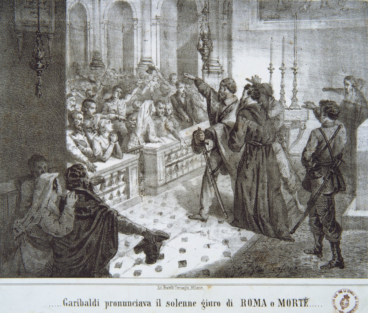 Garibaldi pronouncing the famous phrase, Rome or Death by Italian School