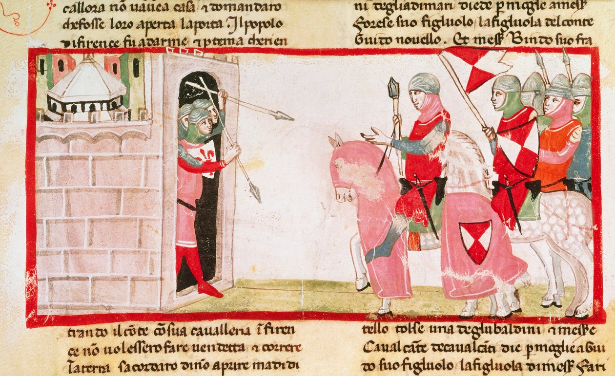 Guelfs block Ghibellines from re-entering the city, miniature from the Cronica by Giovanni Villani by Italian School