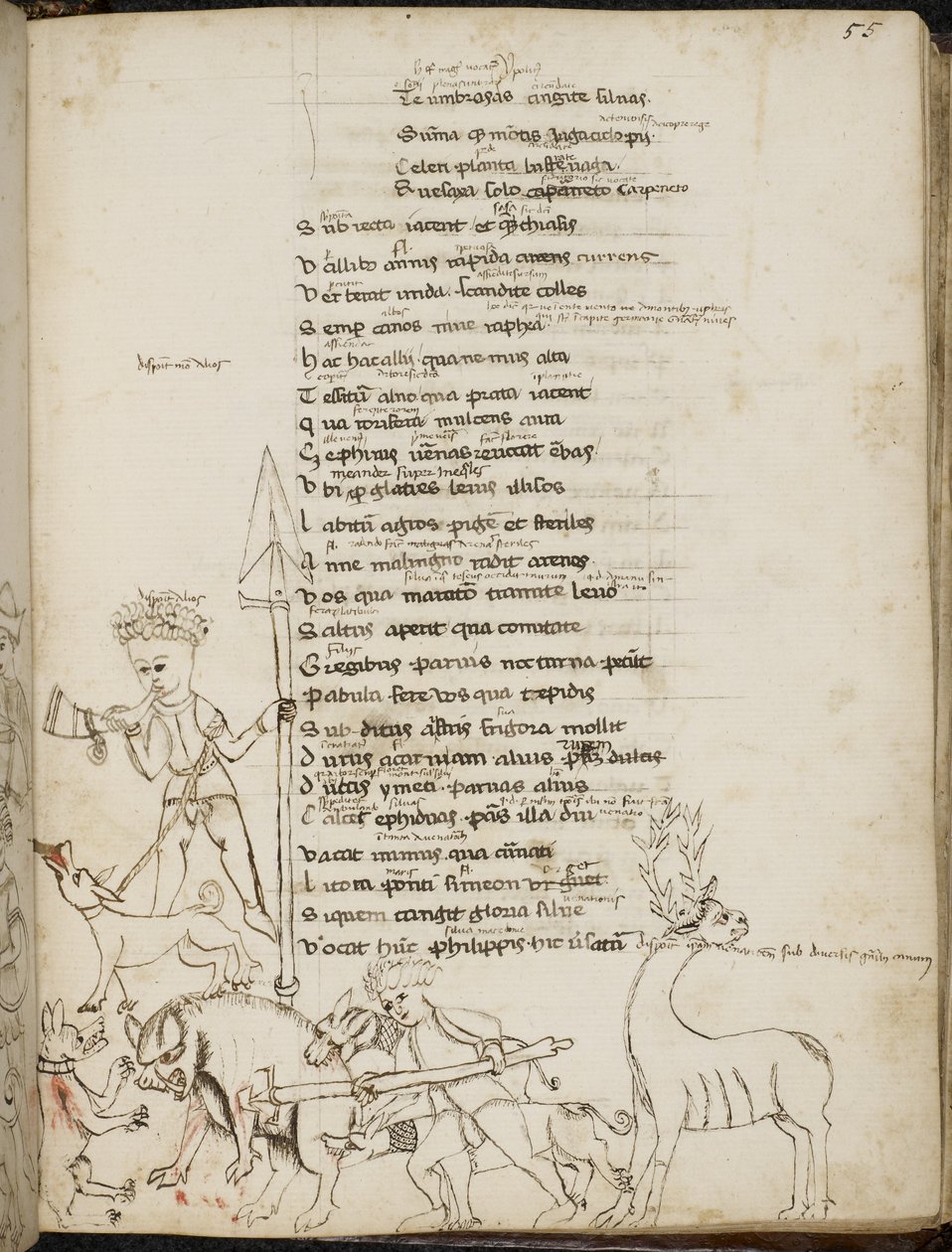 Harley 2453, f.55 A hunting scene with a boar, a stag, hunters, dogs and a hare (from 