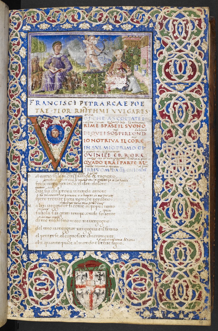 Miniature of Petrarch and Laura, with Love aiming his arrow at Laura, from 
