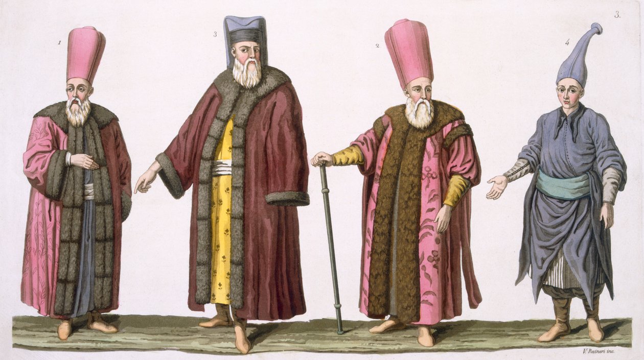 Head Usher of the Harem, Captain of the Harem Ushers, Harem Usher and Pageboy, plate 3 from Part III, Volume I of The History of the Nations, engraved by V. Raineri by Italian School