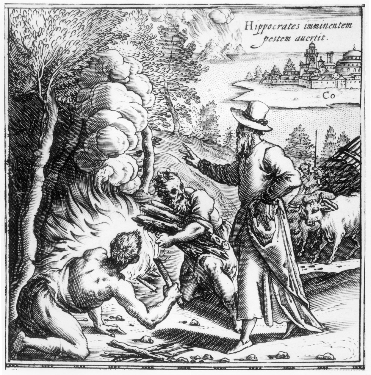 Hippocrates explaining the importance of contagion in the plague epidemic, title page from Hippocratis Opera Quae Extant, published in Venezia, 1588 by Italian School