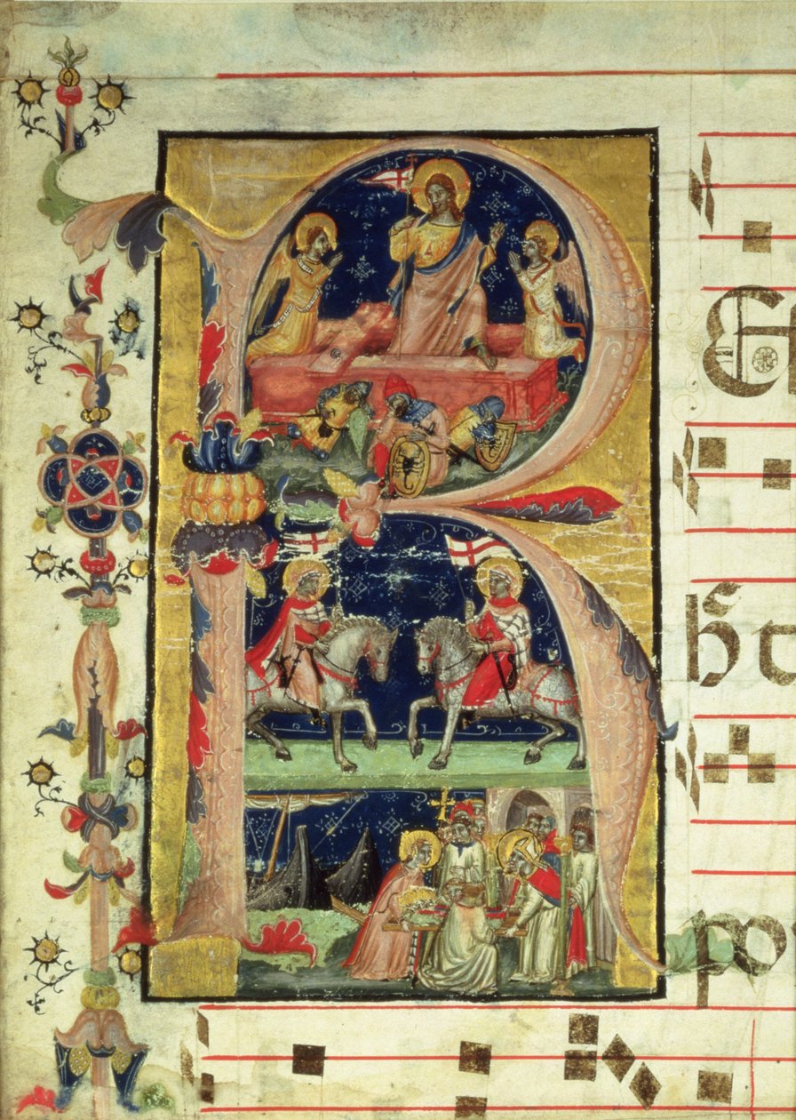Historiated initial R depicting the resurrection, two knight saints and a bishop saint receiving relics by Italian School