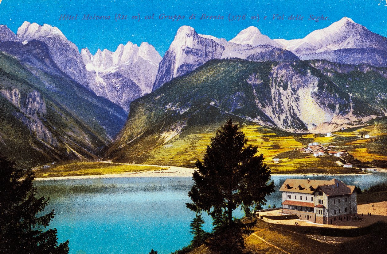 Hotel Molveno with Brenta Group and Val delle Seghe, postcard by Italian School