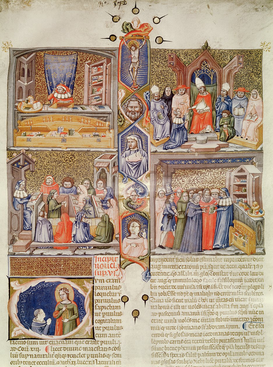 Illumination Divided into Four Scenes: A Juristconsult at his Table; A Pope being Offered a Book; A Lesson in a College of Law; A Bookshop, with a Historiated Capital featuring St. Catherine and an Or by Italian School