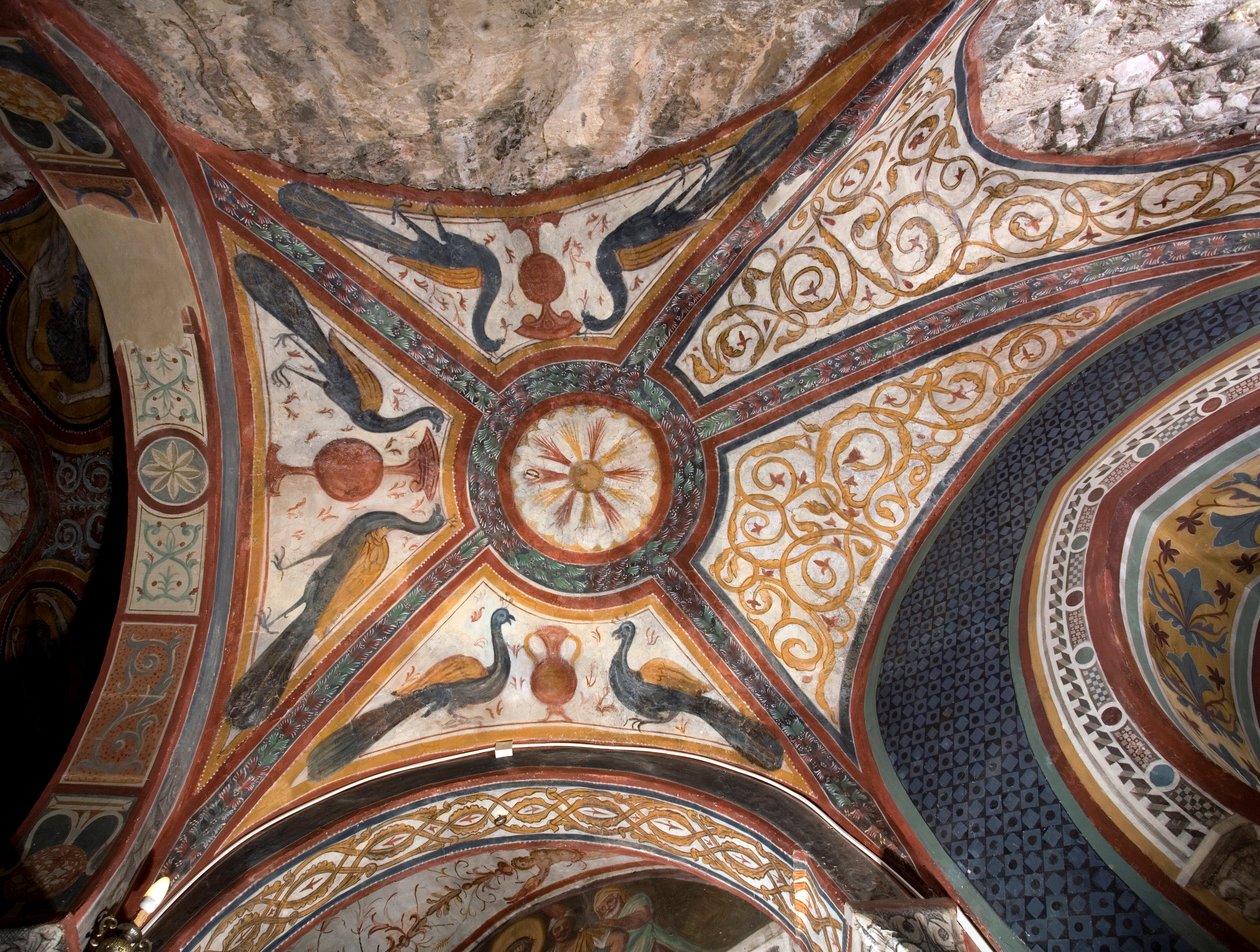 Interior view of the chapel of Saint Gregoire decorated with frescoes of Byzantine influences. Monastery of Saint Benedetto, Subiaco, Italy by Italian School