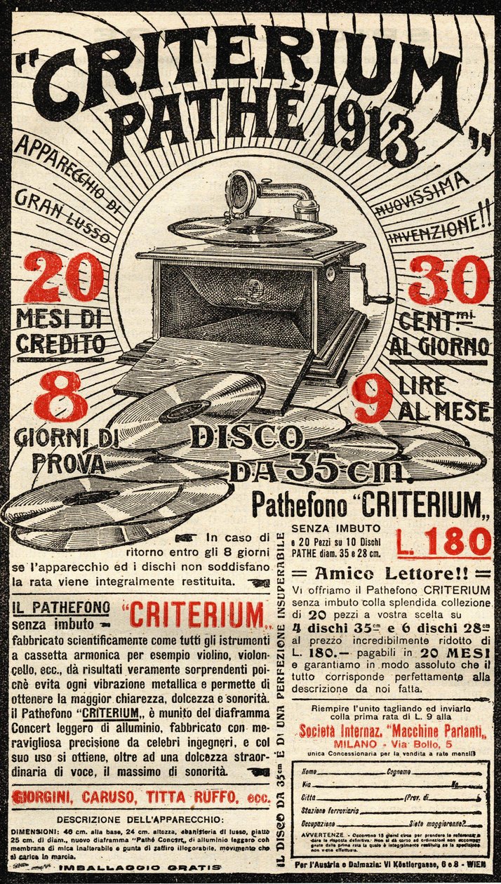 Italian Advertisement of the Criterium Gramophone of the Brand Pathé by Italian School