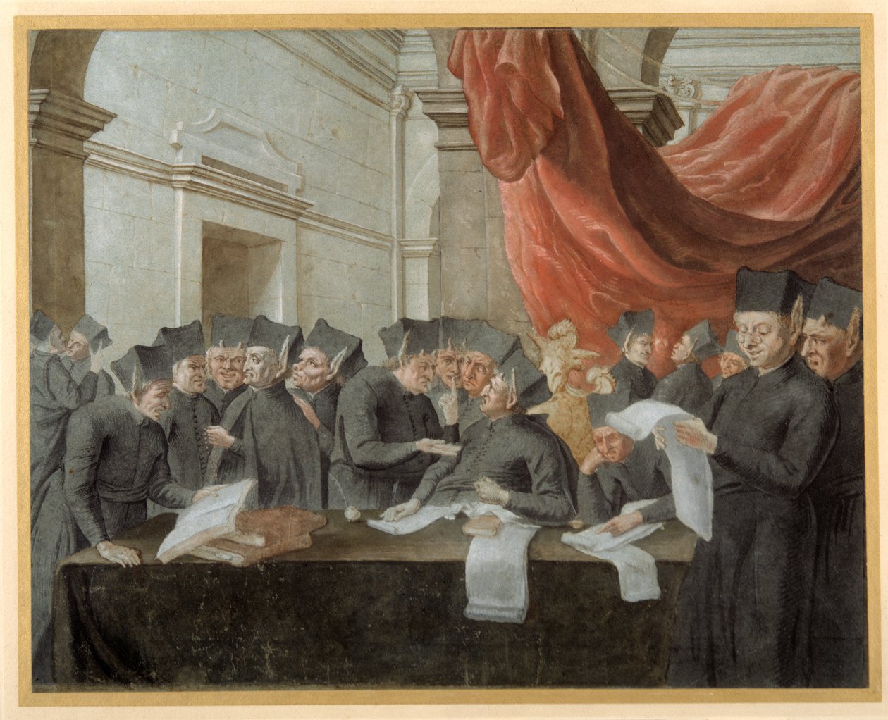 Jesuits in conclave, arguing over accounts by Italian School
