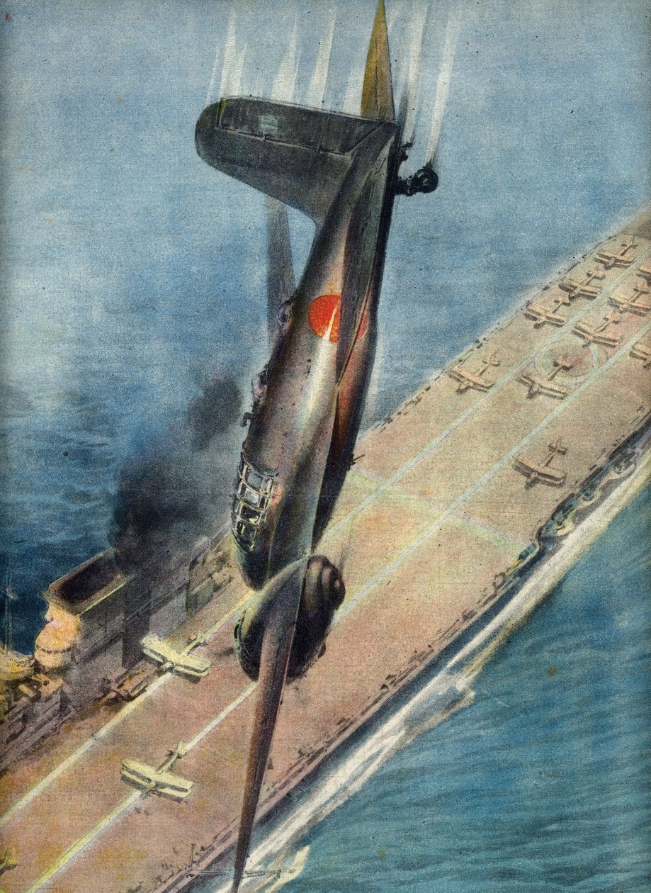 Kamikaze Airman Abe Attacking a British Aircraft Carrier, Illustration from 