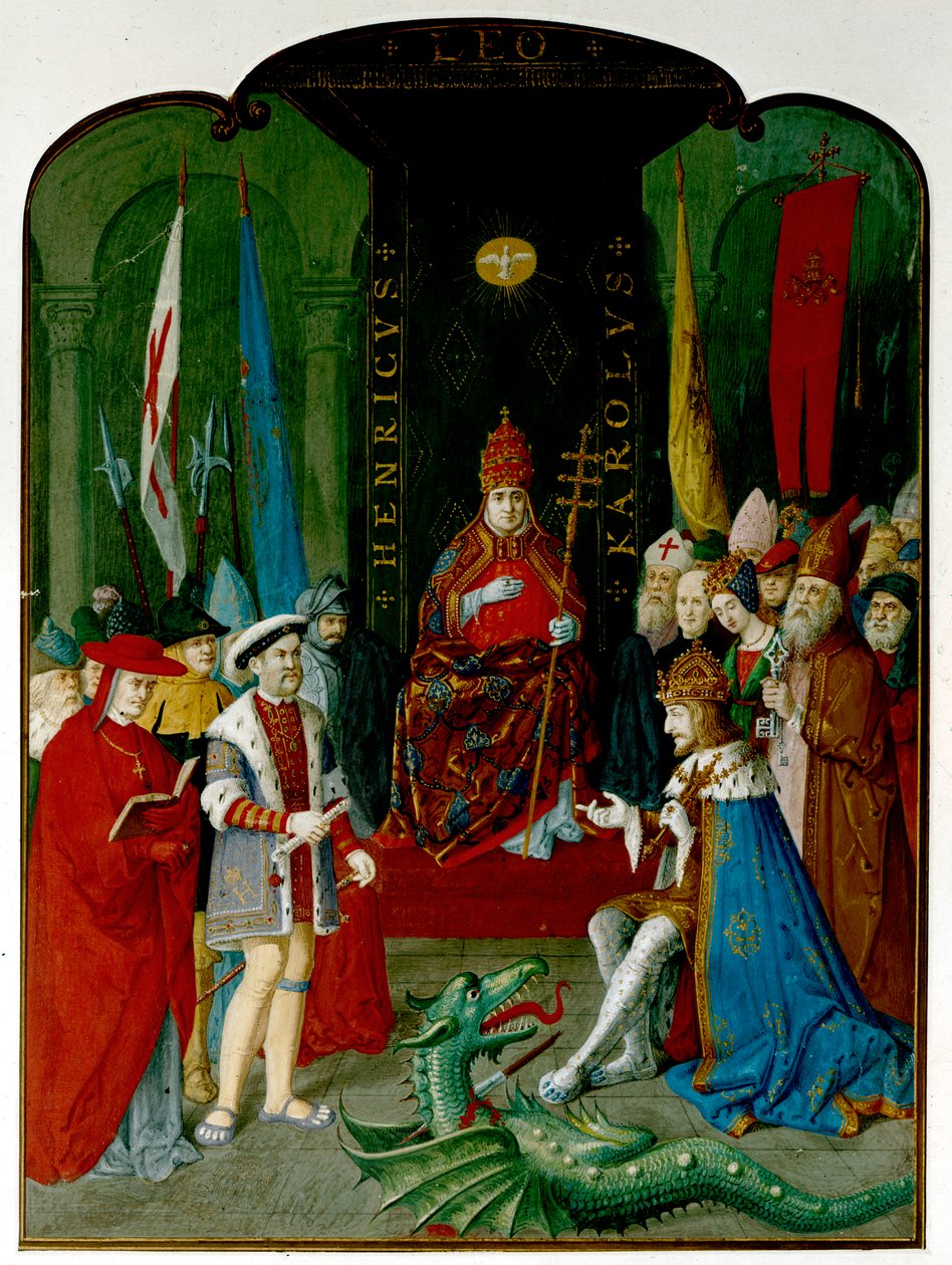 King Henry VIII in dispute with the Emperor Charles V before Pope Leo X. Henry holds a roll, which may be the bull of 1521 granting him the title 