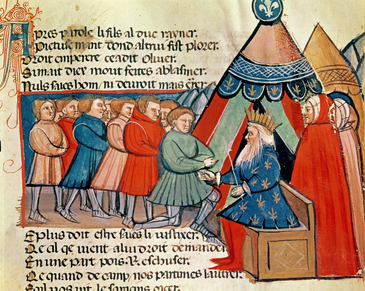 Knights pledging their allegiance to Charlemagne (742-814) from a Venetian codex by Italian School