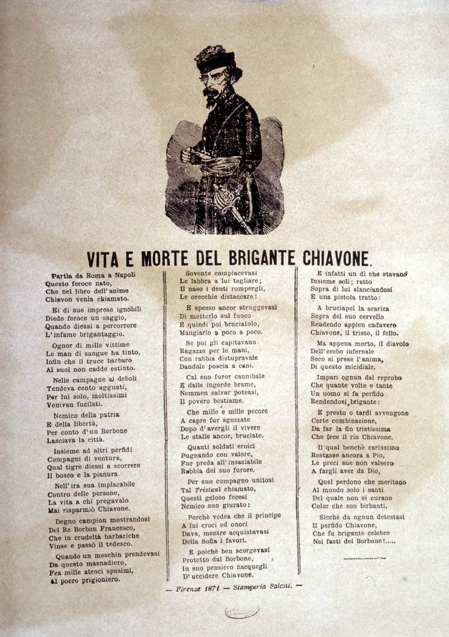 Lyrics of a popular song about the robbers of Chiavone by Italian School
