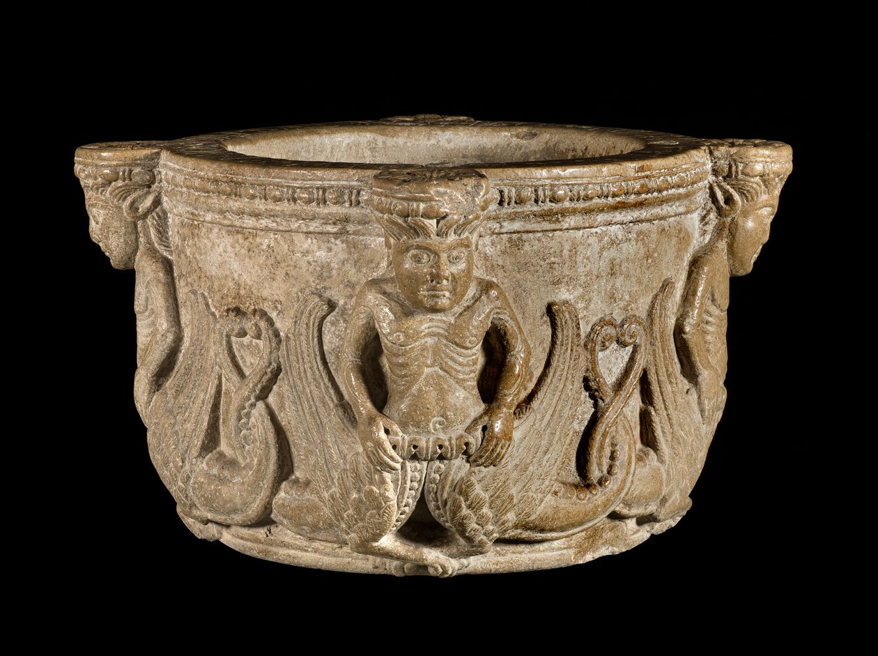Medieval Stouch with Mermaid Figures in Carved Stone (Early 12th Century) by Italian School